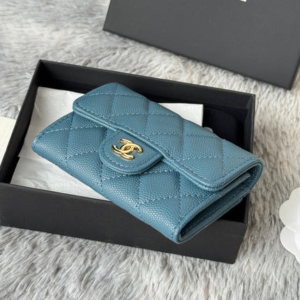 CHANEL 25S CLASSIC FLAP CARD HOLDER 11 IN SLATE BLUE CAVIAR GOLD HARDWARE