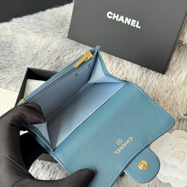 CHANEL 25S CLASSIC FLAP CARD HOLDER 11 IN SLATE BLUE CAVIAR GOLD HARDWARE