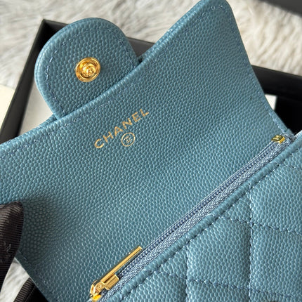 CHANEL 25S CLASSIC FLAP CARD HOLDER 11 IN SLATE BLUE CAVIAR GOLD HARDWARE