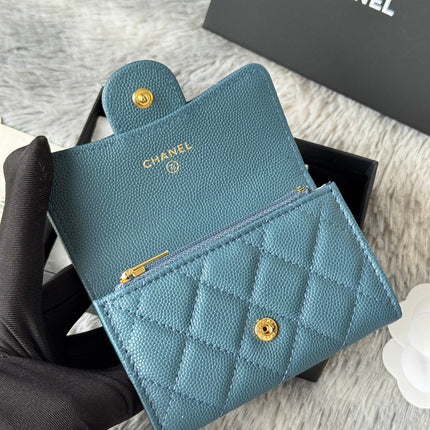 CHANEL 25S CLASSIC FLAP CARD HOLDER 11 IN SLATE BLUE CAVIAR GOLD HARDWARE