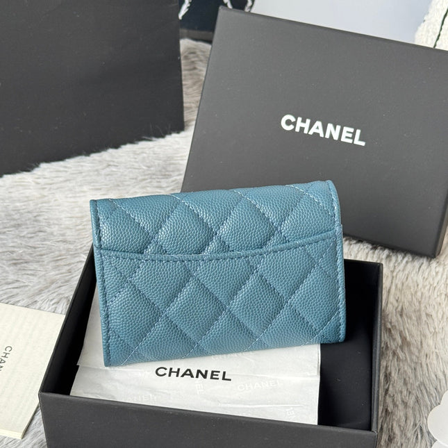 CHANEL 25S CLASSIC FLAP CARD HOLDER 11 IN SLATE BLUE CAVIAR GOLD HARDWARE