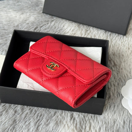 CHANEL 25S CLASSIC FLAP CARD HOLDER 11 IN RUBY RED CAVIAR GOLD HARDWARE