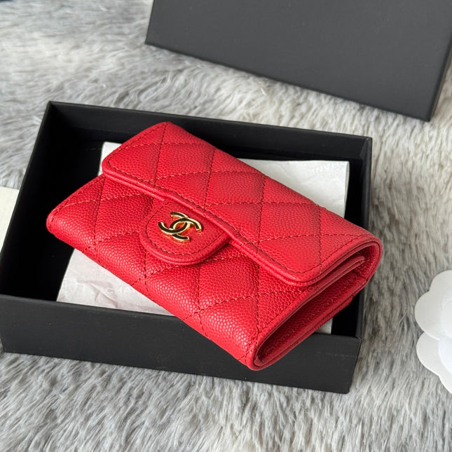 CHANEL 25S CLASSIC FLAP CARD HOLDER 11 IN RUBY RED CAVIAR GOLD HARDWARE