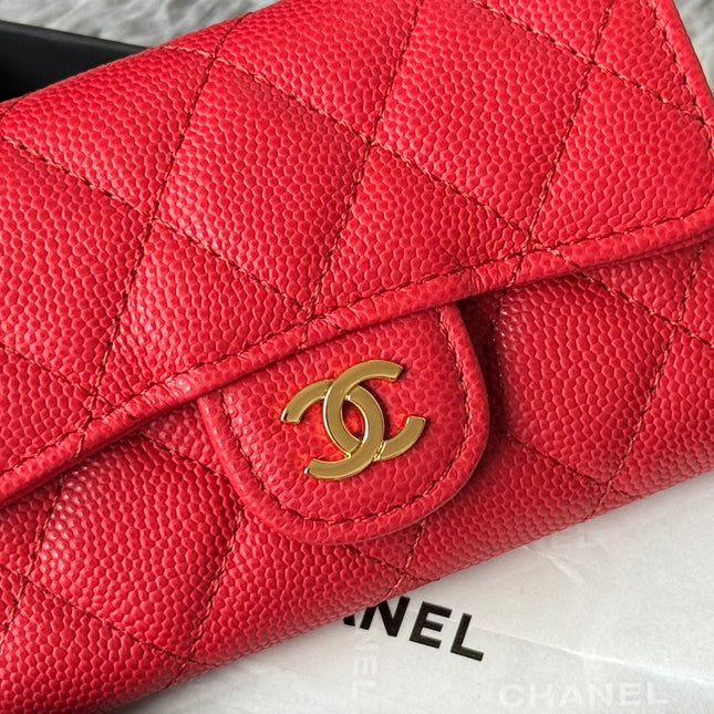 CHANEL 25S CLASSIC FLAP CARD HOLDER 11 IN RUBY RED CAVIAR GOLD HARDWARE