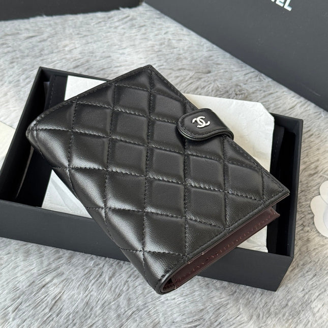 CHANEL 25S MULTI PURPOSE PASSPORT WALLET 15 IN BLACK LAMBSKIN SILVER HARDWARE