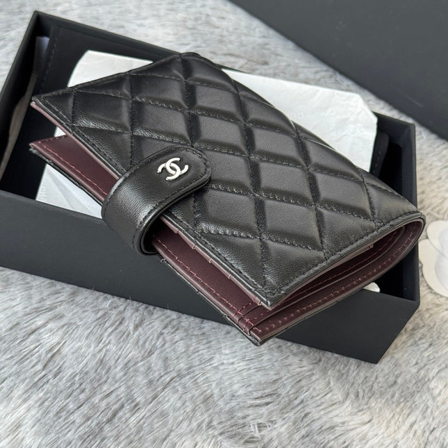 CHANEL 25S MULTI PURPOSE PASSPORT WALLET 15 IN BLACK LAMBSKIN SILVER HARDWARE