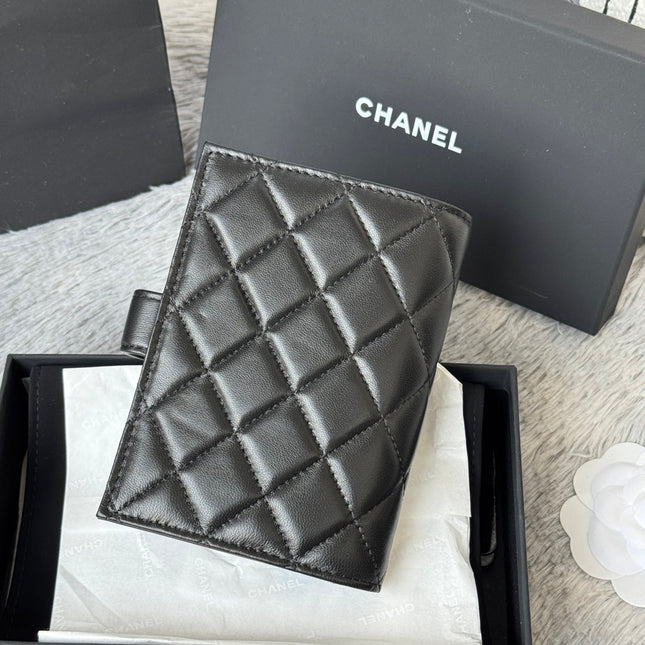 CHANEL 25S MULTI PURPOSE PASSPORT WALLET 15 IN BLACK LAMBSKIN SILVER HARDWARE