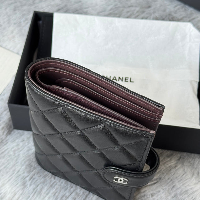 CHANEL 25S MULTI PURPOSE PASSPORT WALLET 15 IN BLACK LAMBSKIN SILVER HARDWARE