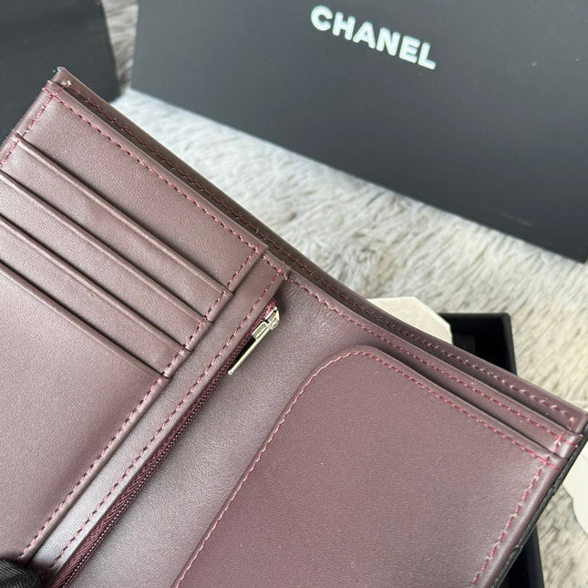 CHANEL 25S MULTI PURPOSE PASSPORT WALLET 15 IN BLACK LAMBSKIN SILVER HARDWARE