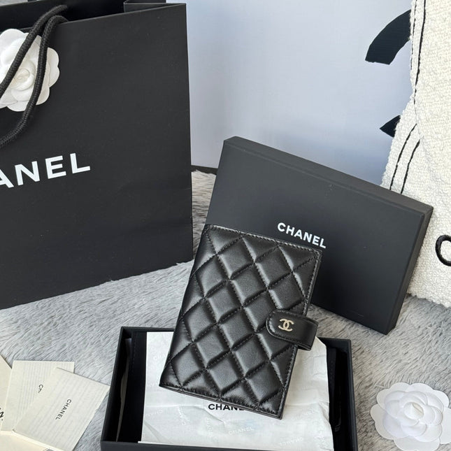 CHANEL 25S MULTI PURPOSE PASSPORT WALLET 15 IN BLACK LAMBSKIN SILVER HARDWARE