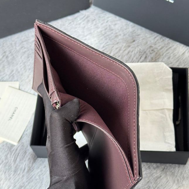 CHANEL 25S MULTI PURPOSE PASSPORT WALLET 15 IN BLACK LAMBSKIN SILVER HARDWARE