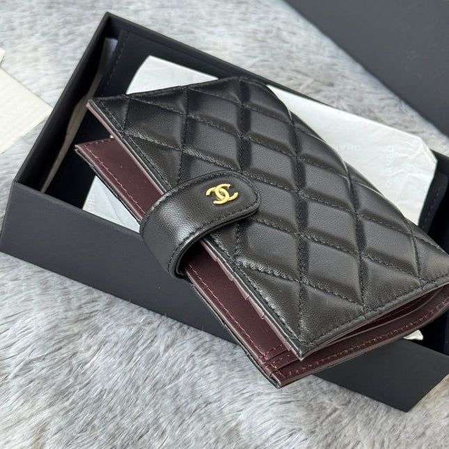 CHANEL 25S MULTI PURPOSE PASSPORT WALLET 15 IN BLACK LAMBSKIN GOLD HARDWARE
