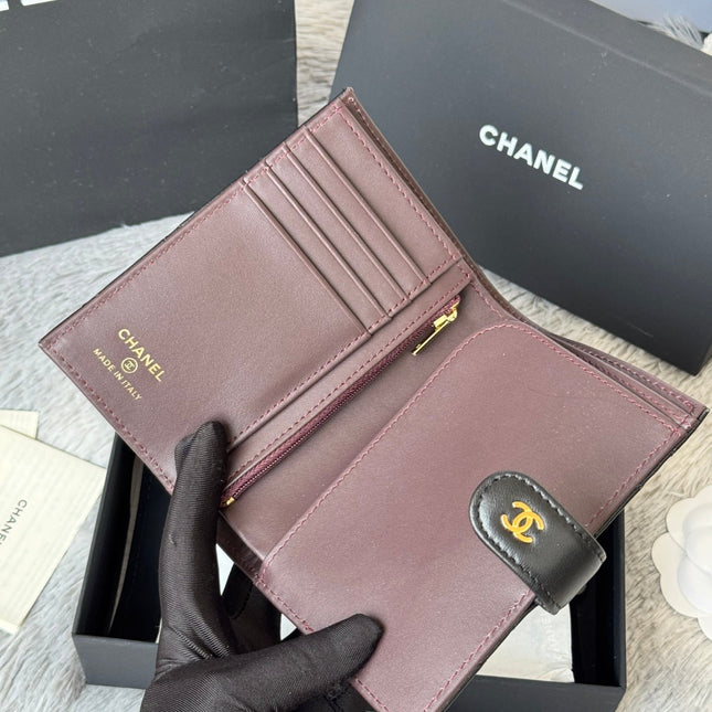 CHANEL 25S MULTI PURPOSE PASSPORT WALLET 15 IN BLACK LAMBSKIN GOLD HARDWARE