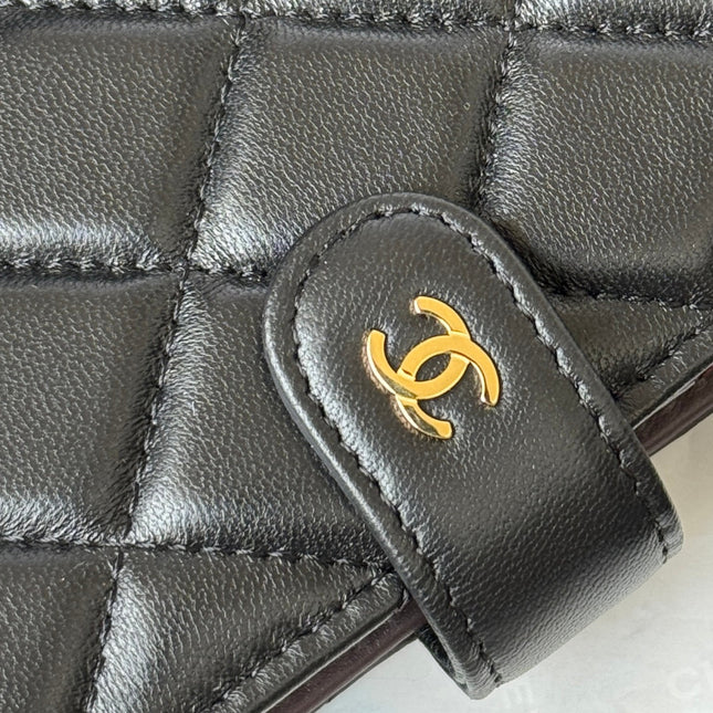 CHANEL 25S MULTI PURPOSE PASSPORT WALLET 15 IN BLACK LAMBSKIN GOLD HARDWARE