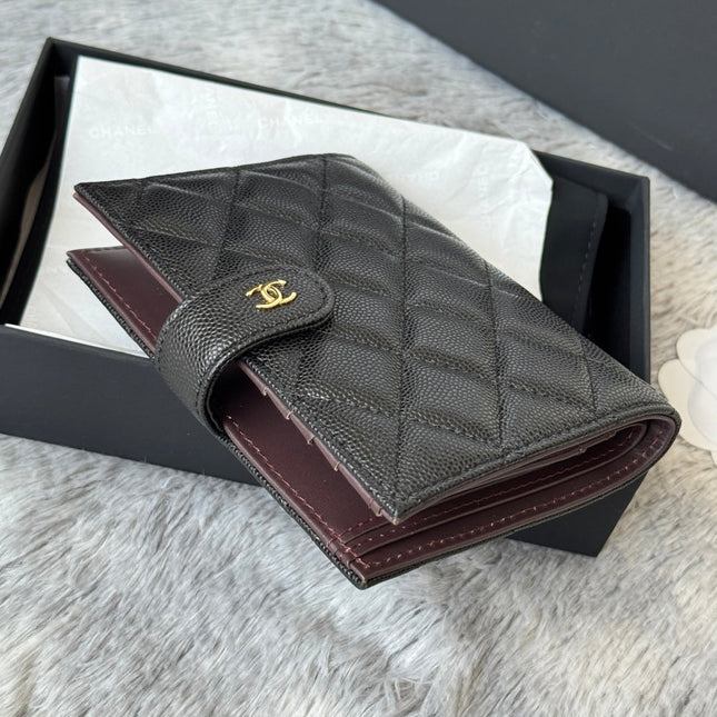 CHANEL 25S MULTI PURPOSE PASSPORT WALLET 15 IN BLACK CALFSKIN GOLD HARDWARE
