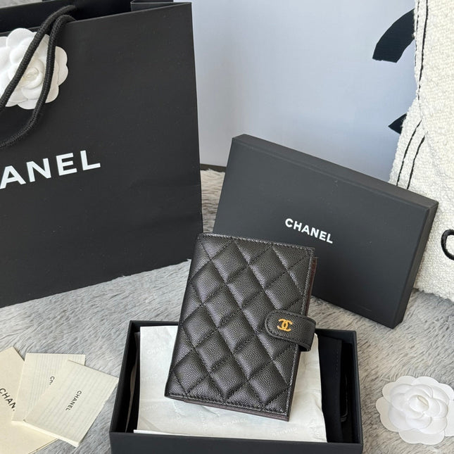 CHANEL 25S MULTI PURPOSE PASSPORT WALLET 15 IN BLACK CALFSKIN GOLD HARDWARE