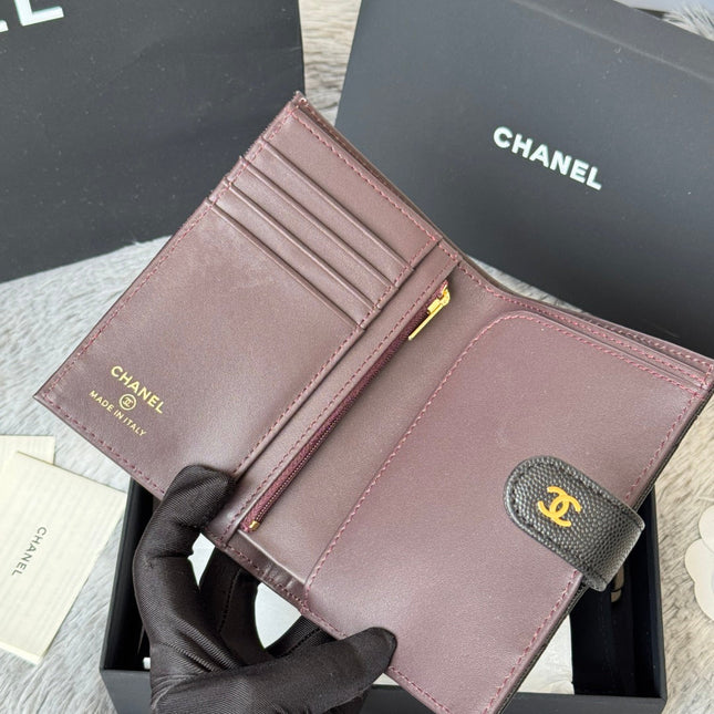 CHANEL 25S MULTI PURPOSE PASSPORT WALLET 15 IN BLACK CALFSKIN GOLD HARDWARE