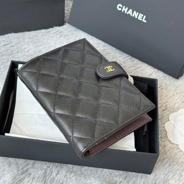 CHANEL 25S MULTI PURPOSE PASSPORT WALLET 15 IN BLACK CALFSKIN GOLD HARDWARE