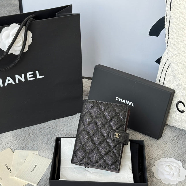 CHANEL 25S MULTI PURPOSE PASSPORT WALLET 15 IN BLACK CALFSKIN SILVER HARDWARE