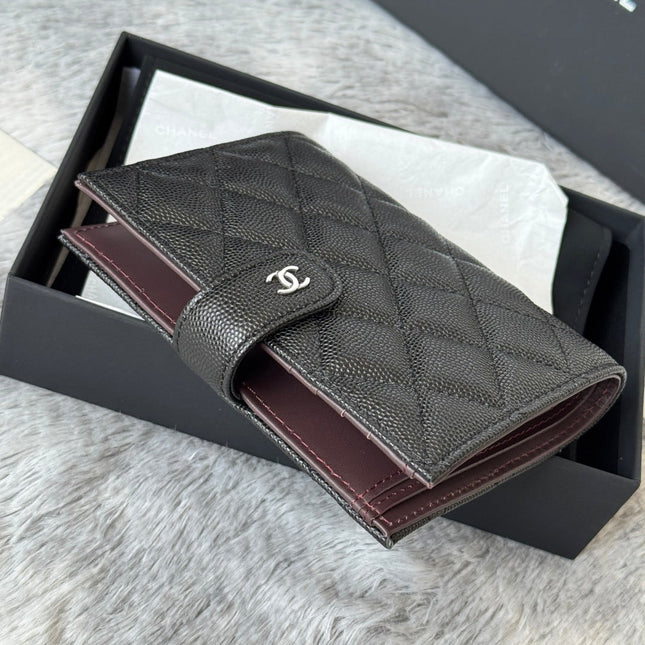 CHANEL 25S MULTI PURPOSE PASSPORT WALLET 15 IN BLACK CALFSKIN SILVER HARDWARE