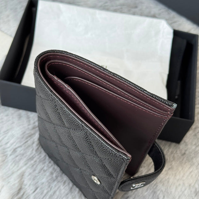 CHANEL 25S MULTI PURPOSE PASSPORT WALLET 15 IN BLACK CALFSKIN SILVER HARDWARE