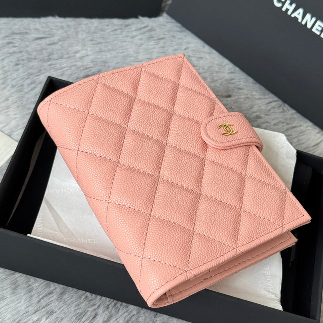 CHANEL 25S MULTI PURPOSE PASSPORT WALLET 15 IN PEACH PINK CALFSKIN GOLD HARDWARE