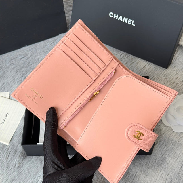 CHANEL 25S MULTI PURPOSE PASSPORT WALLET 15 IN PEACH PINK CALFSKIN GOLD HARDWARE