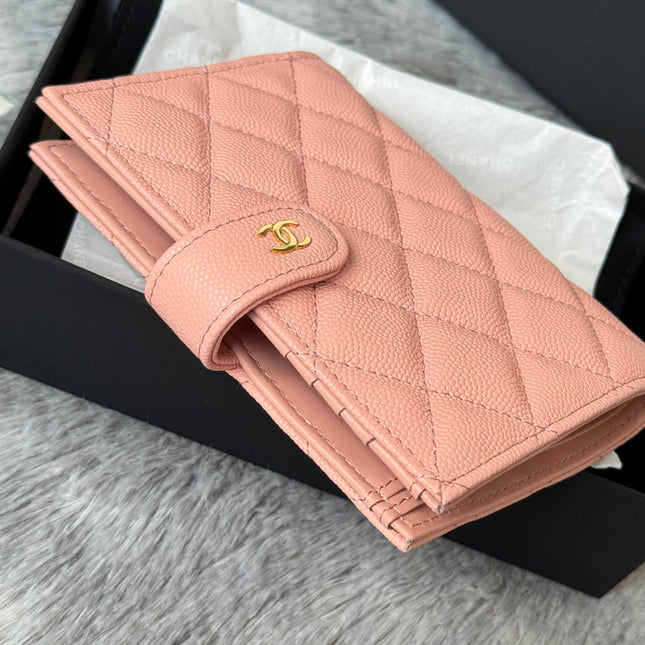 CHANEL 25S MULTI PURPOSE PASSPORT WALLET 15 IN PEACH PINK CALFSKIN GOLD HARDWARE