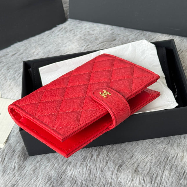 CHANEL 25S MULTI PURPOSE PASSPORT WALLET 15 IN VIVID RED CALFSKIN GOLD HARDWARE
