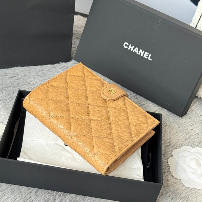 CHANEL 25S MULTI PURPOSE PASSPORT WALLET 15 IN GOLDEN CARAMEL CALFSKIN GOLD HARDWARE