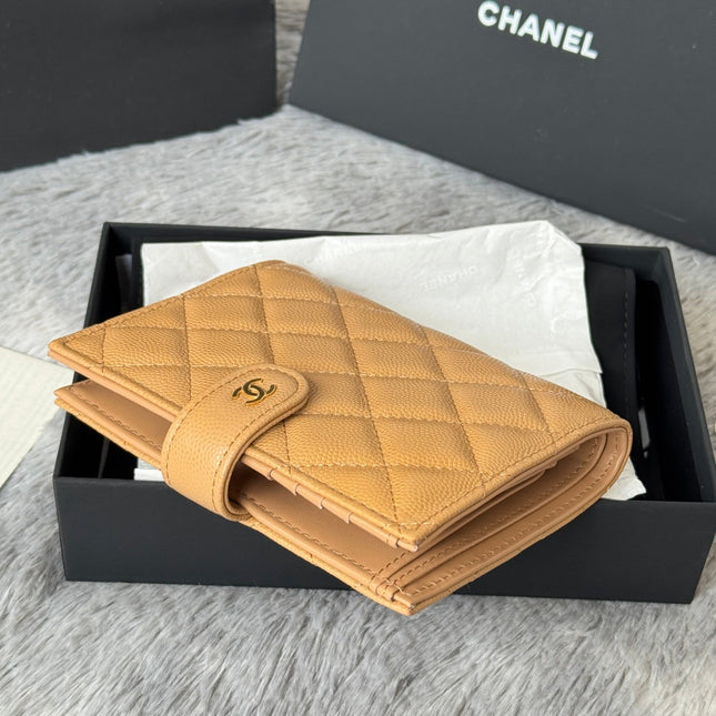 CHANEL 25S MULTI PURPOSE PASSPORT WALLET 15 IN GOLDEN CARAMEL CALFSKIN GOLD HARDWARE