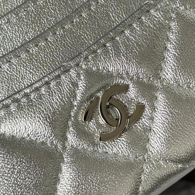 CHANEL 25S CARD HOLDER 11 IN SILVER LAMBSKIN GOLD HARDWARE