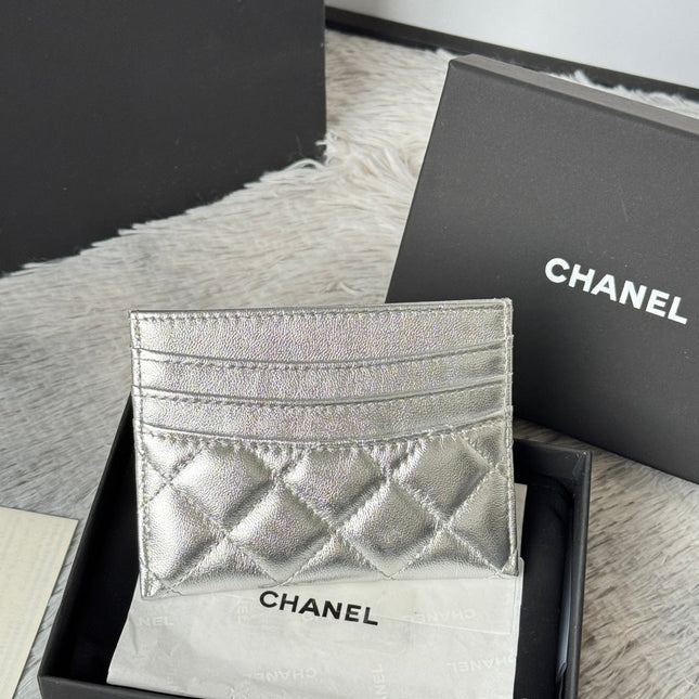 CHANEL 25S CARD HOLDER 11 IN SILVER LAMBSKIN GOLD HARDWARE