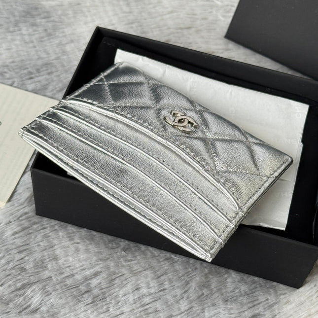 CHANEL 25S CARD HOLDER 11 IN SILVER LAMBSKIN GOLD HARDWARE