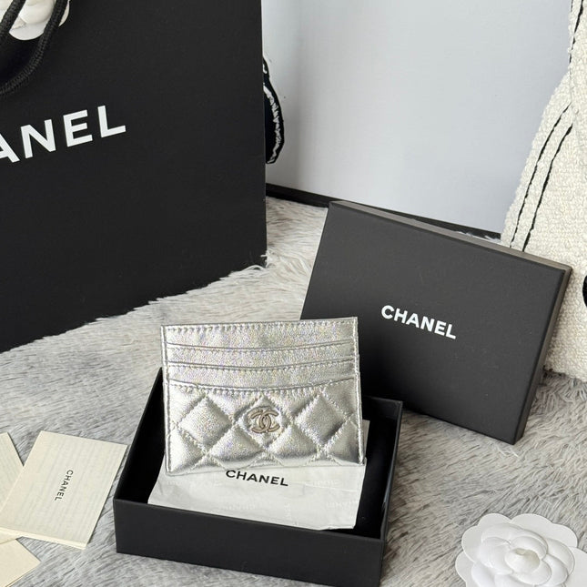 CHANEL 25S CARD HOLDER 11 IN SILVER LAMBSKIN GOLD HARDWARE