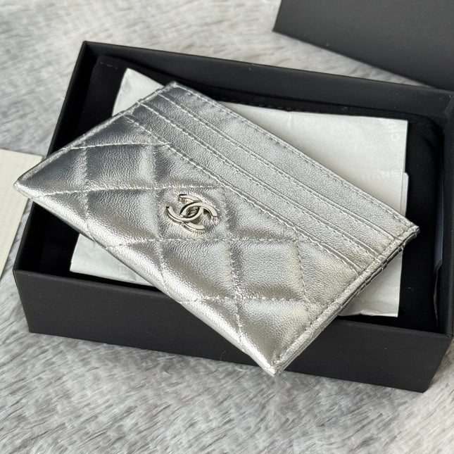 CHANEL 25S CARD HOLDER 11 IN SILVER LAMBSKIN GOLD HARDWARE
