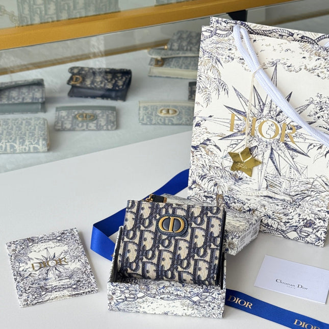 DIOR 25S 30 MONTAIGNE DAHLIA WALLET 11 IN BLUE DIOR OBLIQUE JACQUARD