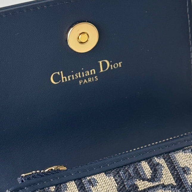 DIOR 25S CARO CARD HOLDER 11 IN BLUE CALFSKIN AND CANVAS GOLD HARDWARE