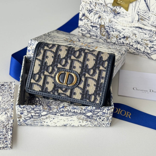 DIOR 25S CARO CARD HOLDER 11 IN BLUE CALFSKIN AND CANVAS GOLD HARDWARE