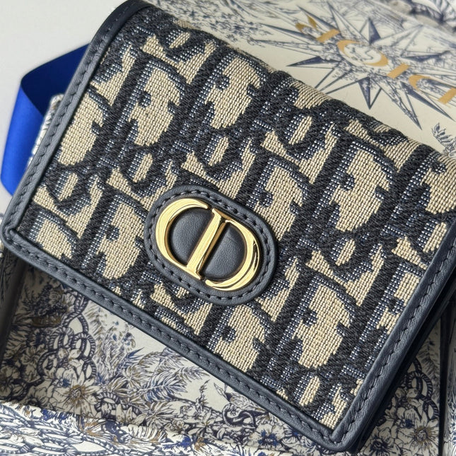 DIOR 25S CARO CARD HOLDER 11 IN BLUE CALFSKIN AND CANVAS GOLD HARDWARE