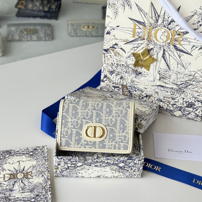 DIOR 25S CARO CARD HOLDER 11 IN LIGHT BLUE CALFSKIN AND CANVAS GOLD HARDWARE
