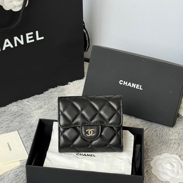 CHANEL 25S CF SMALL TRI FOLD WALLET 11 IN BLACK LAMBSKIN SILVER HARDWARE