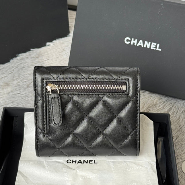 CHANEL 25S CF SMALL TRI FOLD WALLET 11 IN BLACK LAMBSKIN SILVER HARDWARE