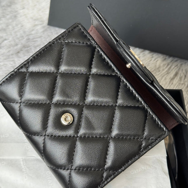 CHANEL 25S CF SMALL TRI FOLD WALLET 11 IN BLACK LAMBSKIN SILVER HARDWARE