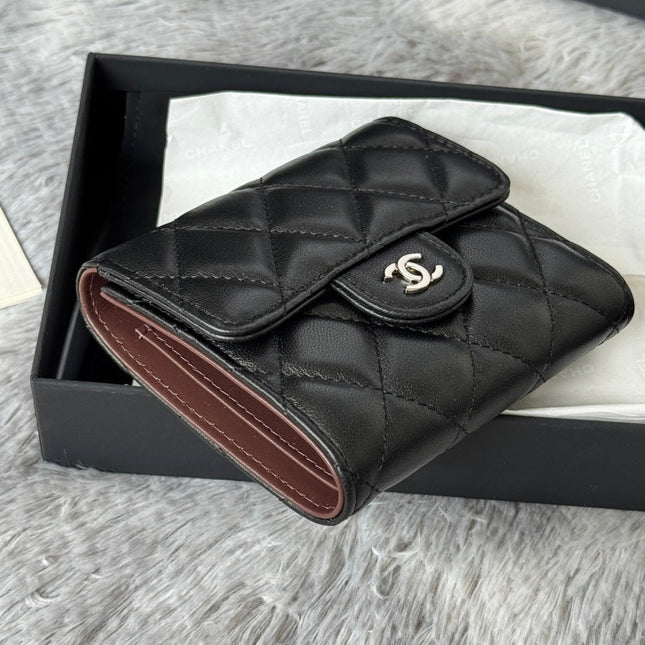 CHANEL 25S CF SMALL TRI FOLD WALLET 11 IN BLACK LAMBSKIN SILVER HARDWARE
