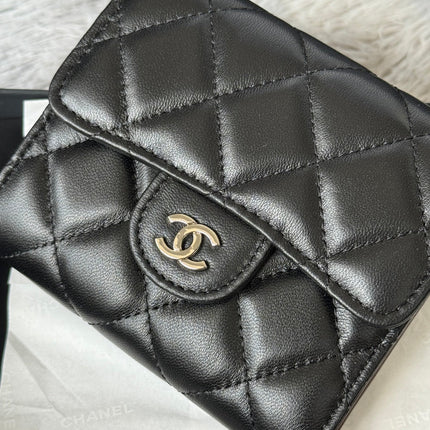 CHANEL 25S CF SMALL TRI FOLD WALLET 11 IN BLACK LAMBSKIN SILVER HARDWARE
