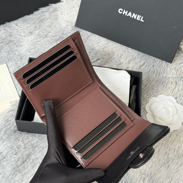 CHANEL 25S CF SMALL TRI FOLD WALLET 11 IN BLACK LAMBSKIN SILVER HARDWARE