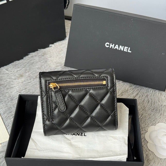 CHANEL 25S CF SMALL TRI FOLD WALLET 11 IN BLACK LAMBSKIN GOLD HARDWARE