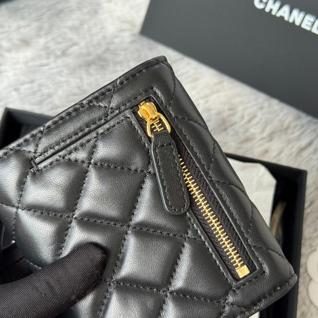 CHANEL 25S CF SMALL TRI FOLD WALLET 11 IN BLACK LAMBSKIN GOLD HARDWARE