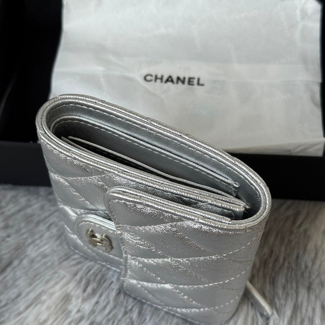 CHANEL 25S CF SMALL TRI FOLD WALLET 11 IN SILVER CAVIAR GOLD HARDWARE